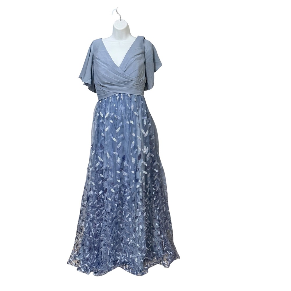Witness of Love Blue‎ Embroidered Leaf Sequin Tulle Maxi Dress US 16 Flutter